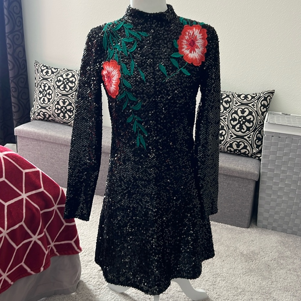 Gianni Bini Black Sequin Long Sleeve Dress with Red Floral Appliqué
